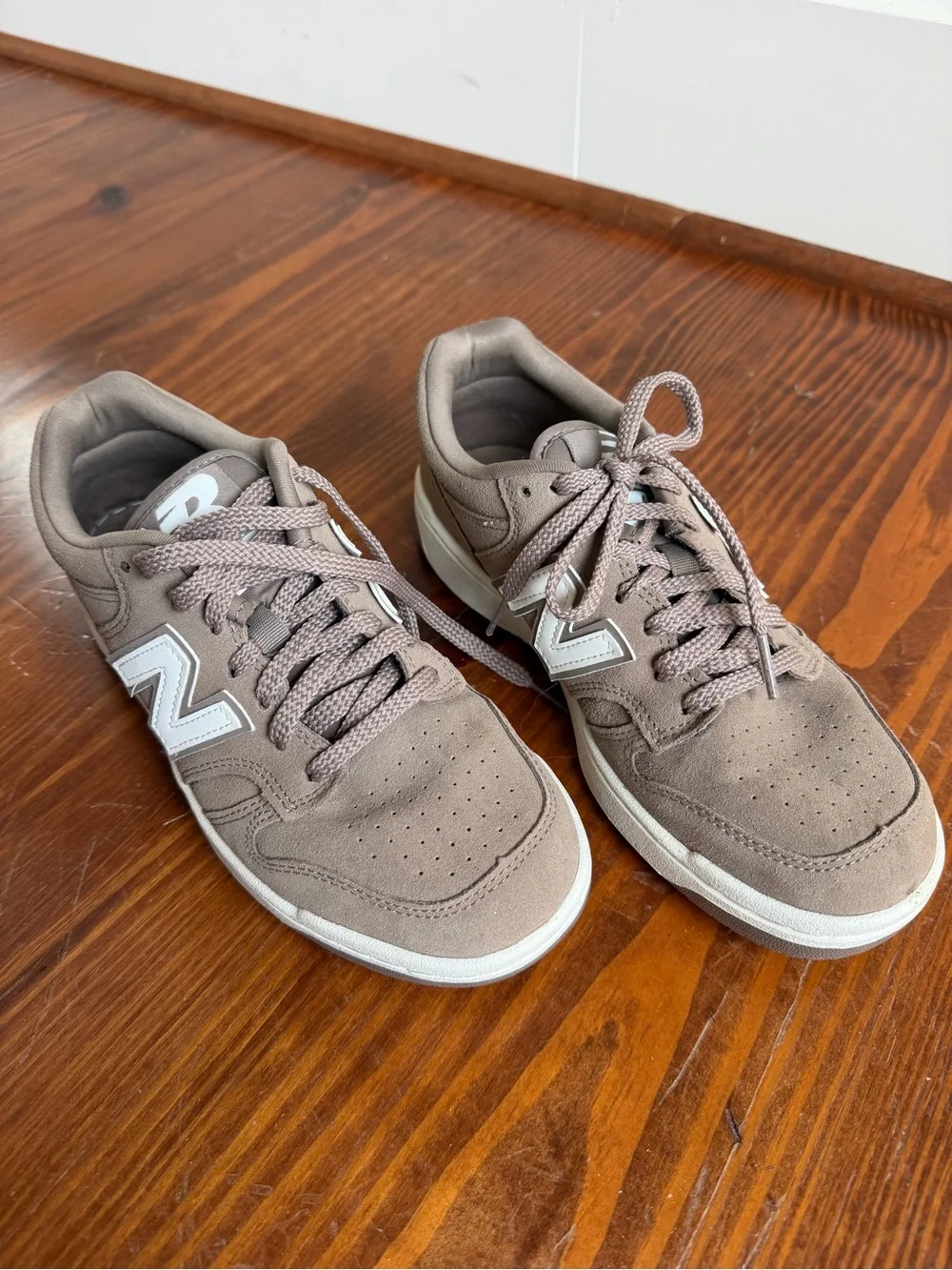 New Balance Taupe Suede Low-Top Sneakers with White N Logo